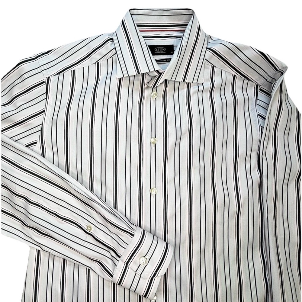 Eton Button Up Shirt Men’s 15/38 White Gray Striped Contemporary Fit
